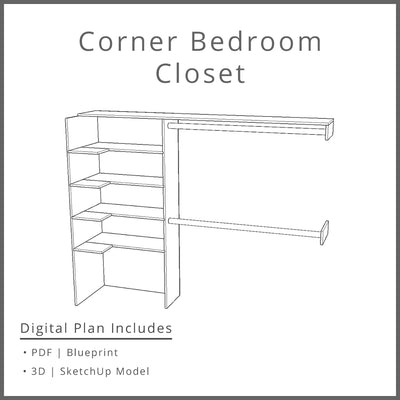 Corner Bedroom Closet With Storage and Cubbies Woodworking Project Plan and 3D SketchUp Model - DIGITAL DOWNLOAD