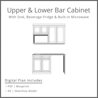 Mini Bar with Sink Built-in Microwave Minifidge Drawers and Cabinets Woodworking Project Plan and 3D SketchUp Model - DIGITAL DOWNLOAD